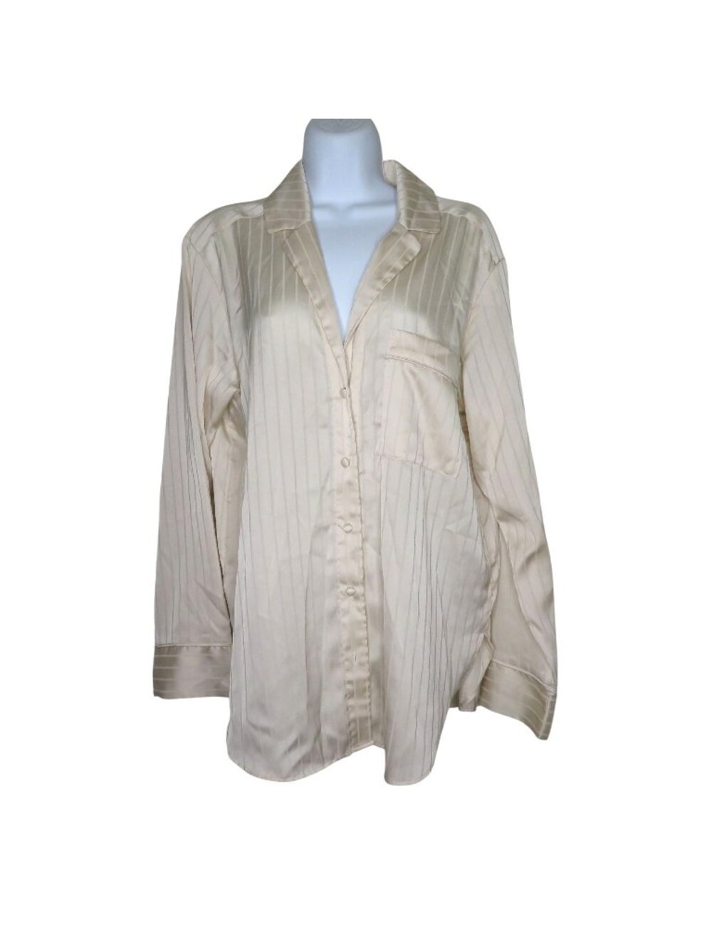 Abercrombie & Fitch M Beige Striped Button-Down Long-Sleeve Satin Sleep Shirt